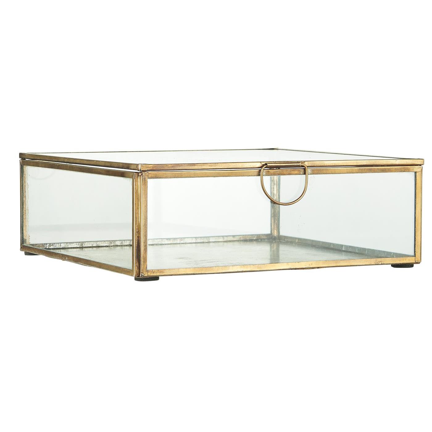 Glass Box w/Lid Square- Antique Brass