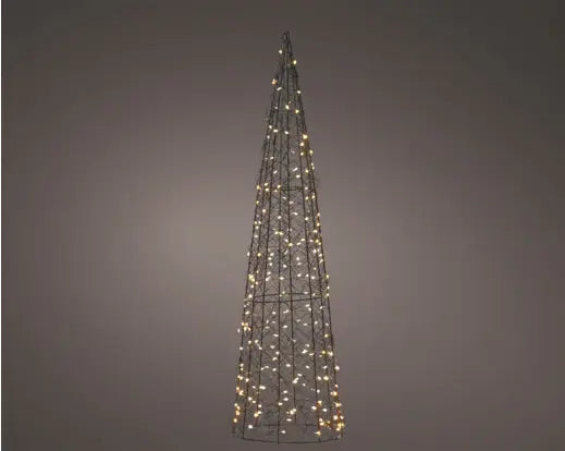 Tall, cone-shaped decorative tree with lights on a gray background