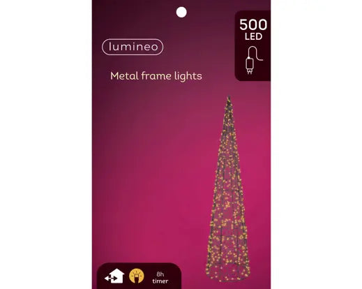 Tall, cone-shaped decorative tree with lights on a gray background