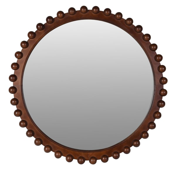 Round mirror with a wooden bead frame on a white background