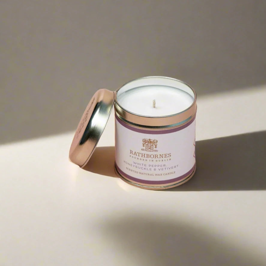 Rathbornes Tin Candles -  White Pepper, Honeysuckle & Vetiver