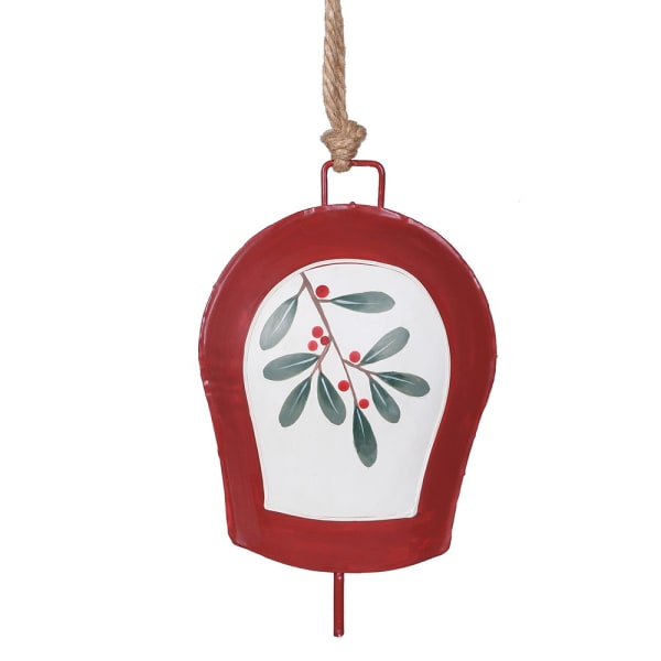 Red bell-shaped ornament with mistletoe design on a white background