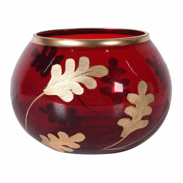 Red decorative bowl with gold leaf patterns on a white background