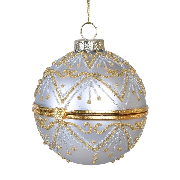 Decorative Christmas ball ornament with gold embellishments on a white background