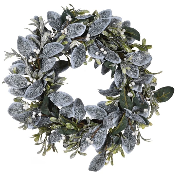 A frosty eucalyptus wreath with a white and green frosty finish, arranged in a circle.