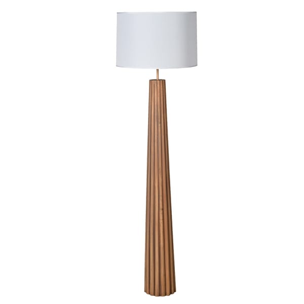 Floor lamp with wooden base and white shade on a white background