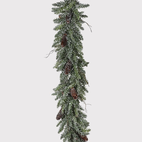 Faux Christmas garland with pinecones on a white background