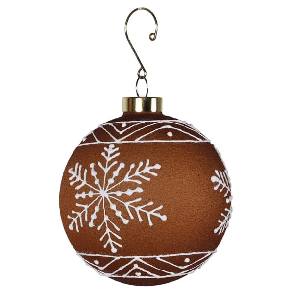 A gingerbread-colored bauble with a white snowflake pattern, hanging from a loop.