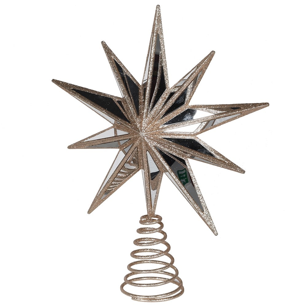 Decorative star-shaped tree topper with metallic finish on a white background