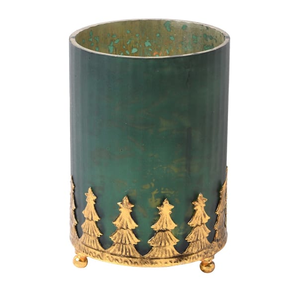 Decorative green candle holder with gold tree designs on a white background