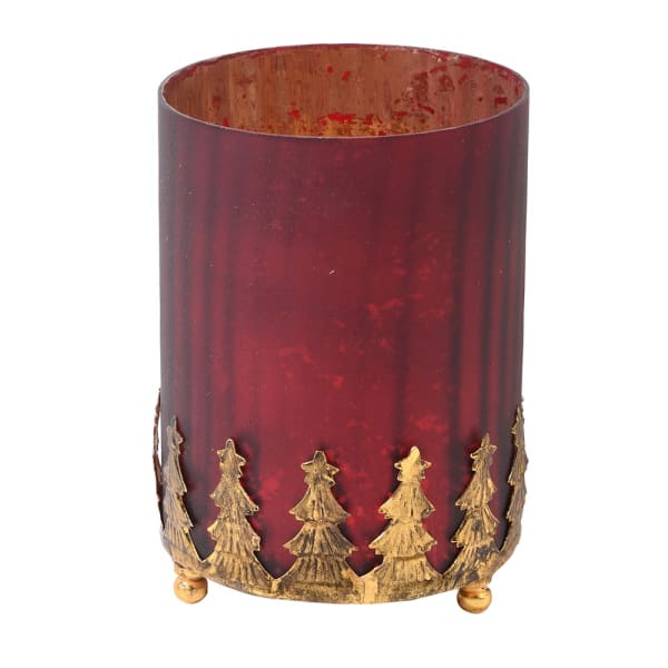 Red candle holder with gold tree designs on a white background