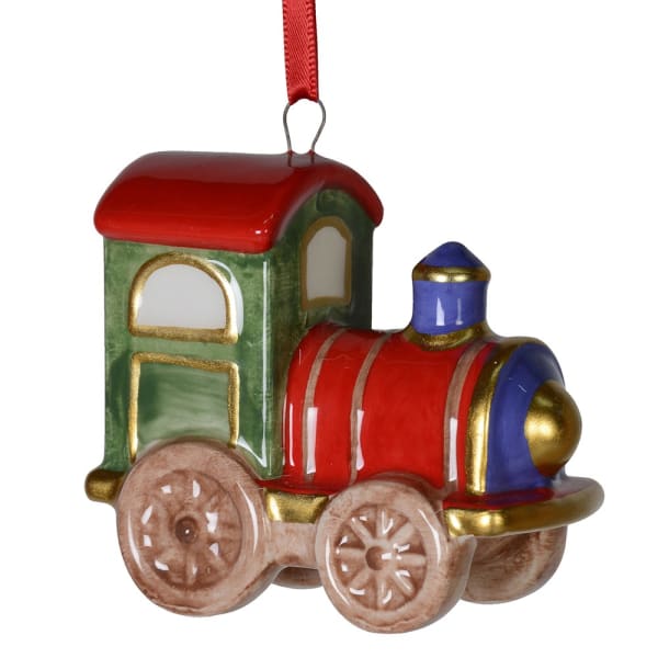 Colorful train-shaped ornament on a white background