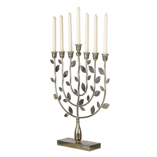 Decorative candle holder with leaves and six candles on a white background