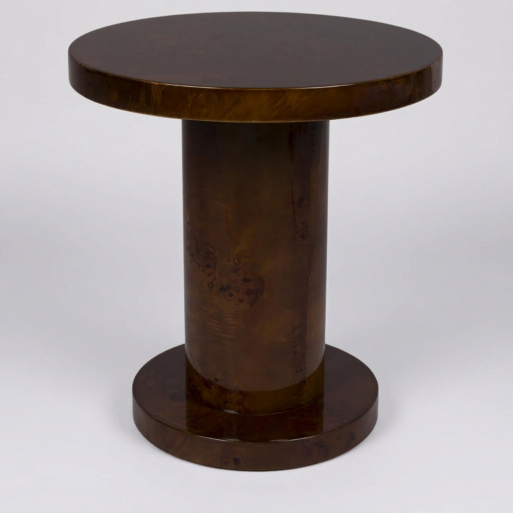 Round wooden side table on a white background