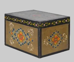 A rectangular wooden storage chest with a dark gray lid and sides, decorated with a tan front and side panels featuring colorful floral and geometric hand-painted patterns in blue, orange, yellow, and white.