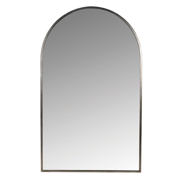 An arched wall mirror with a slim dark metal frame, shown against a plain white background.