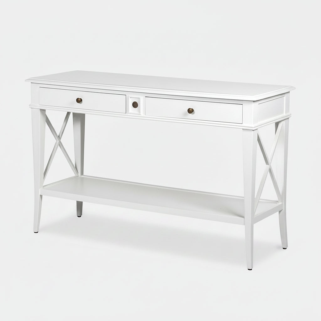 White console table with two drawers and an open shelf on a white background