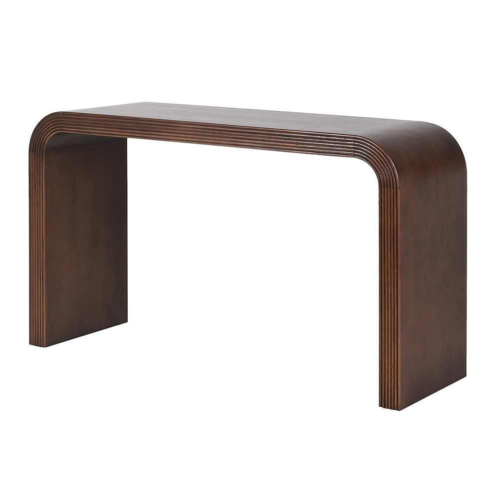 A modern console table with a dark brown wood grain finish, featuring a curved top and thick, blocky legs with concentric grooved detailing, shown on a plain white background.