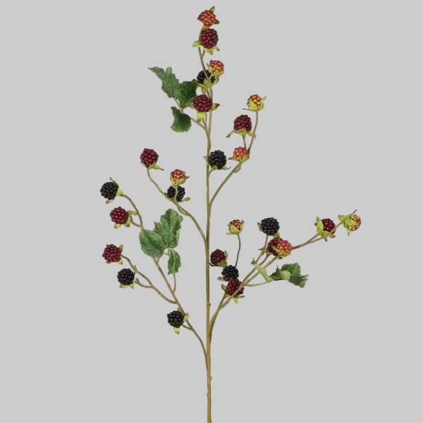 An artificial blackberry branch with green leaves and berries in red, purple, and black colors, isolated on a white background.