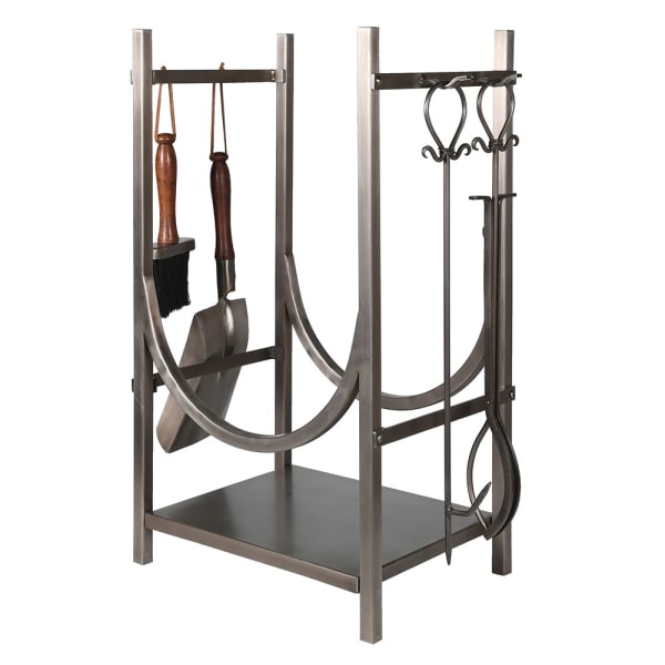 Decorative metal stand with tools on a white background