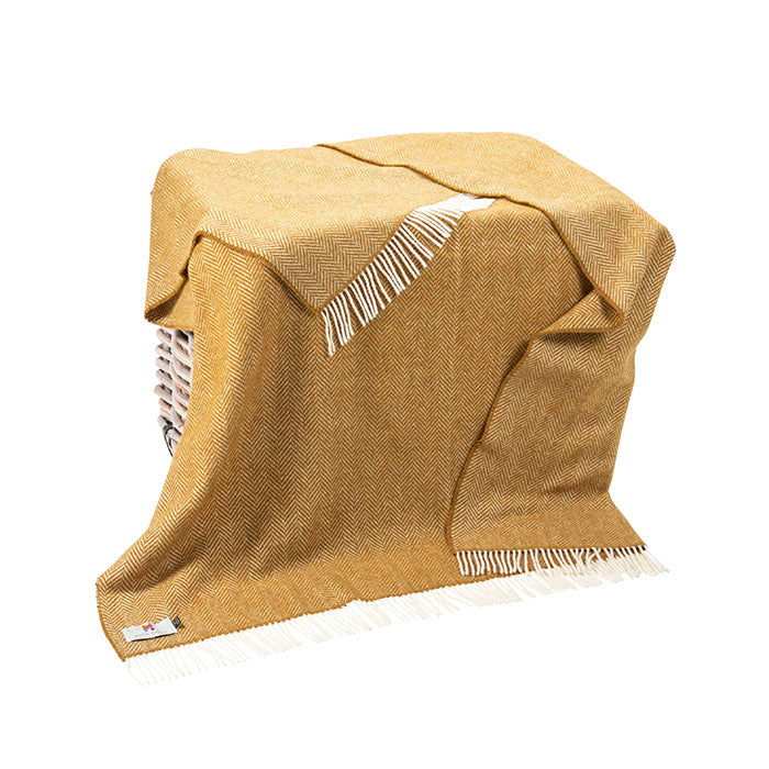 Merino Wool Cashmere Throw Mustard Mix Herringbone