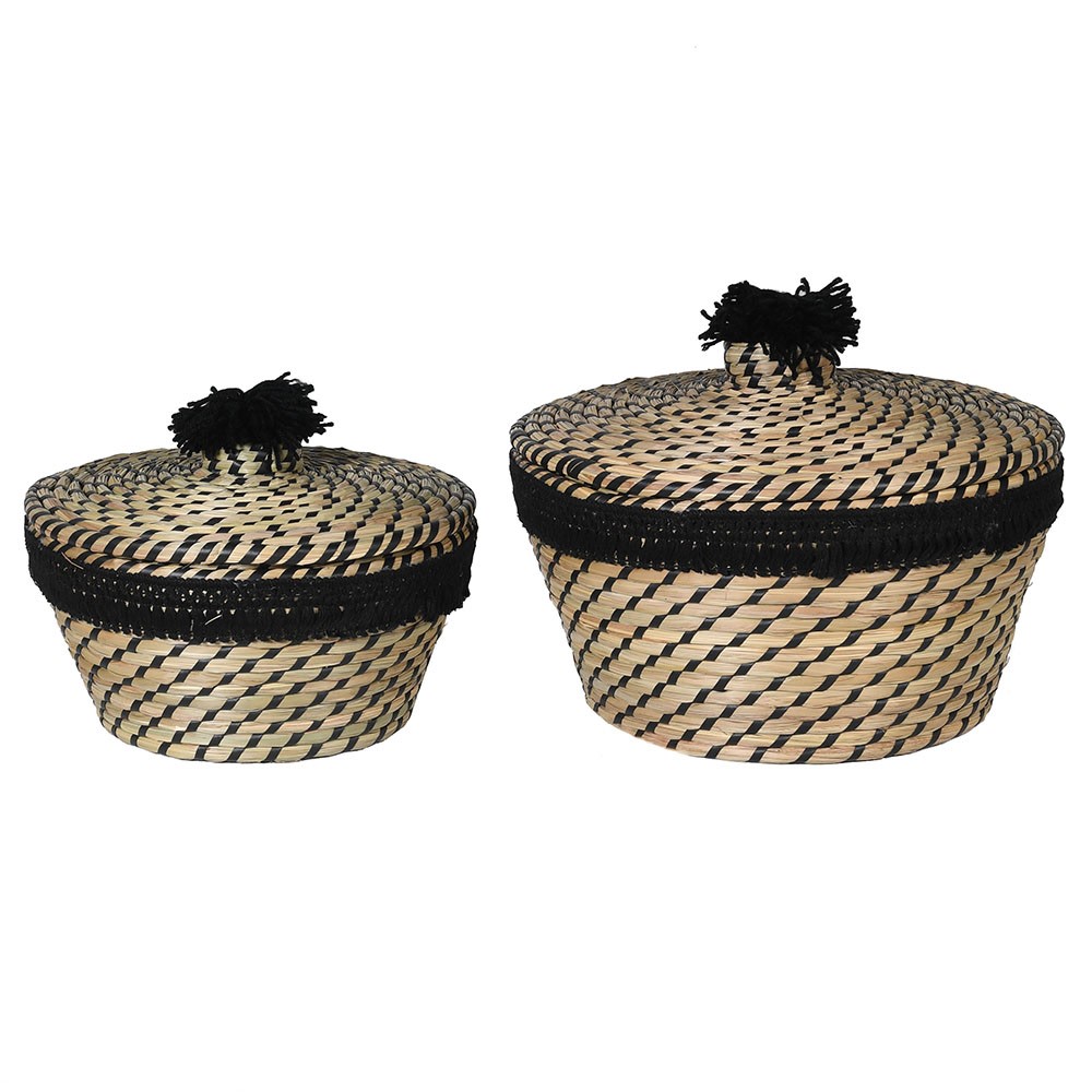 Woven Black Pom-Pom Lidded Basket