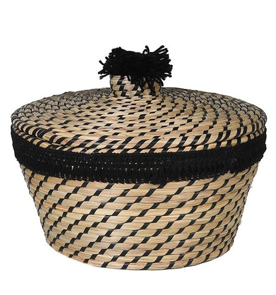 Woven Black Pom-Pom Lidded Basket