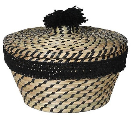 Woven Black Pom-Pom Lidded Basket